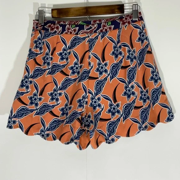 Topshop Floaty Short Orange w/Blue Floral Design Side Zipper Scalloped Hem Sz 4 - Picture 7 of 14